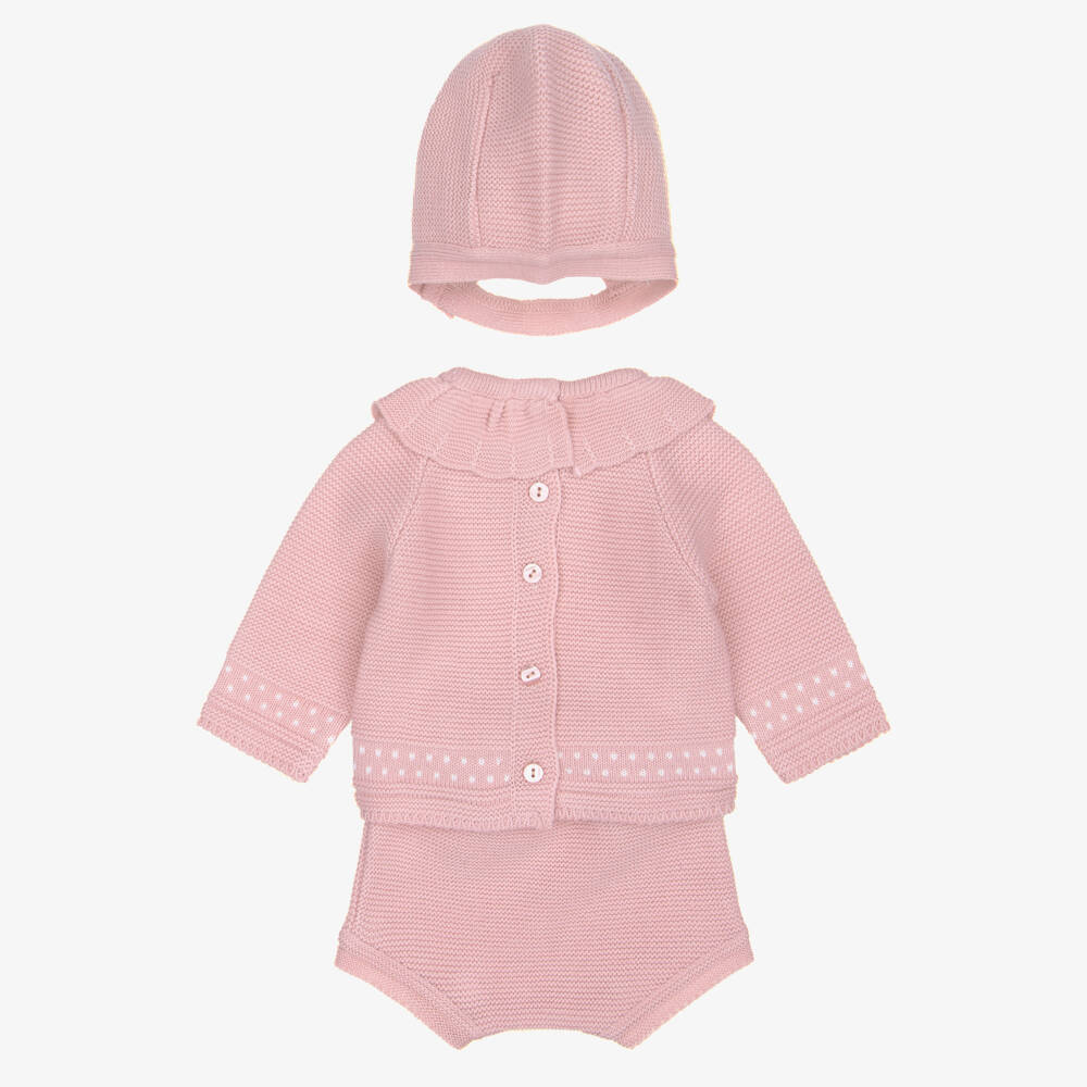 Babidu-Baby Girls Pink Knitted Shorts Set with Bonnet | Childrensalon