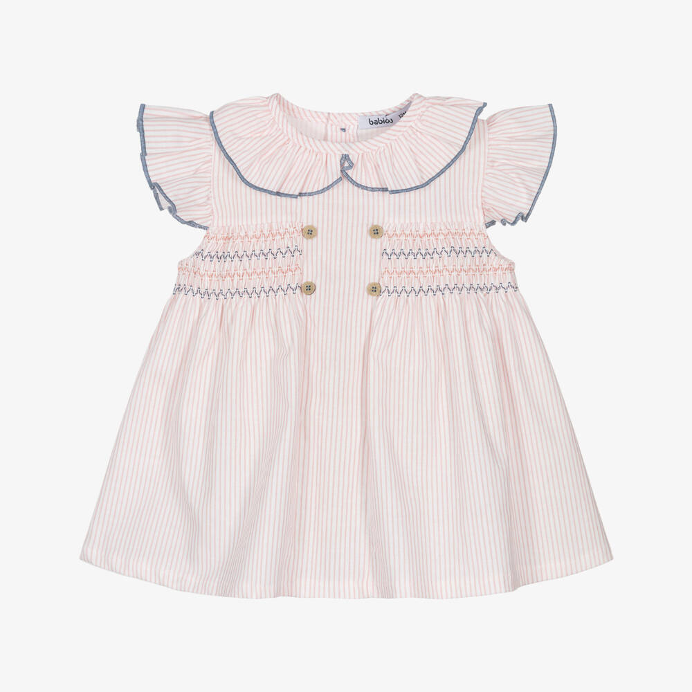 Babidu-Baby Girls Pink Stripe Shirred Cotton Dress | Childrensalon
