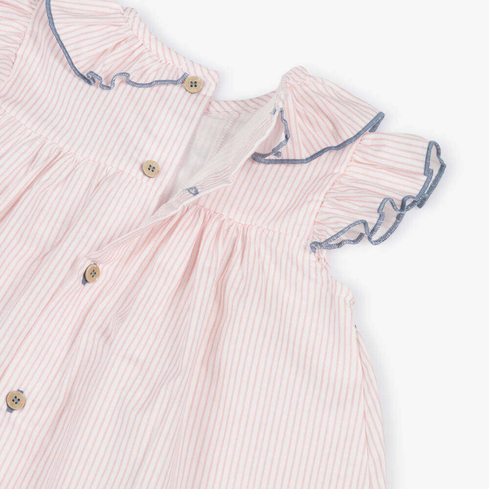 Babidu-Baby Girls Pink Stripe Shirred Cotton Dress | Childrensalon