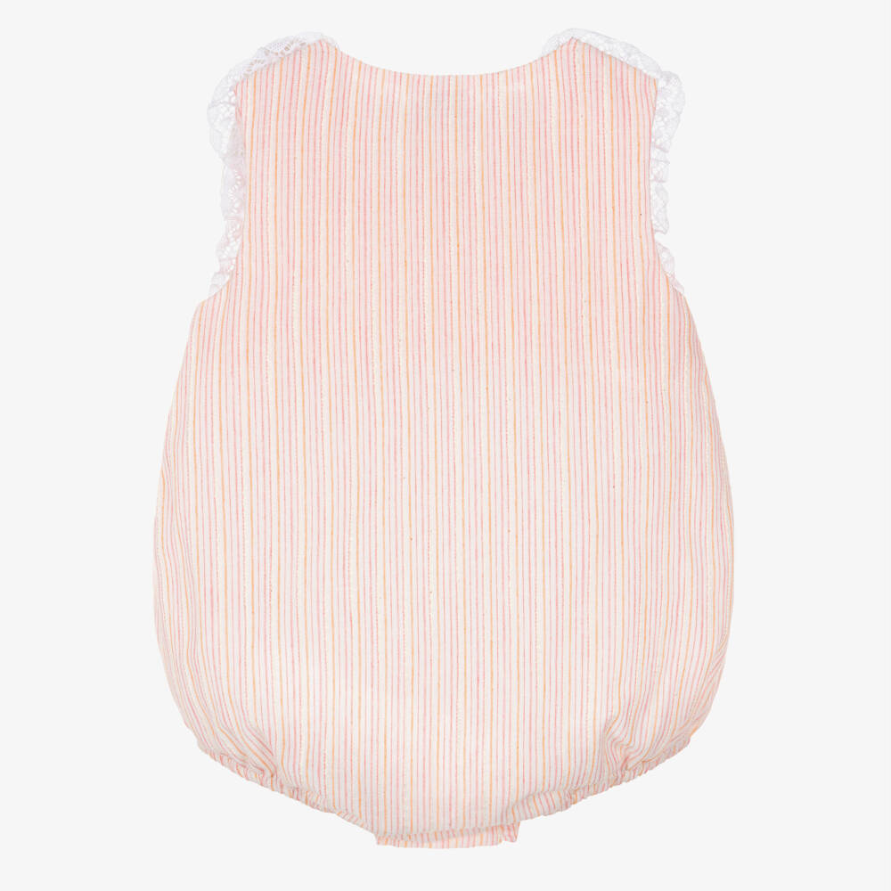 Babidu-Baby Girls Pink Striped Cotton Shortie with Lace Trim | Childrensalon