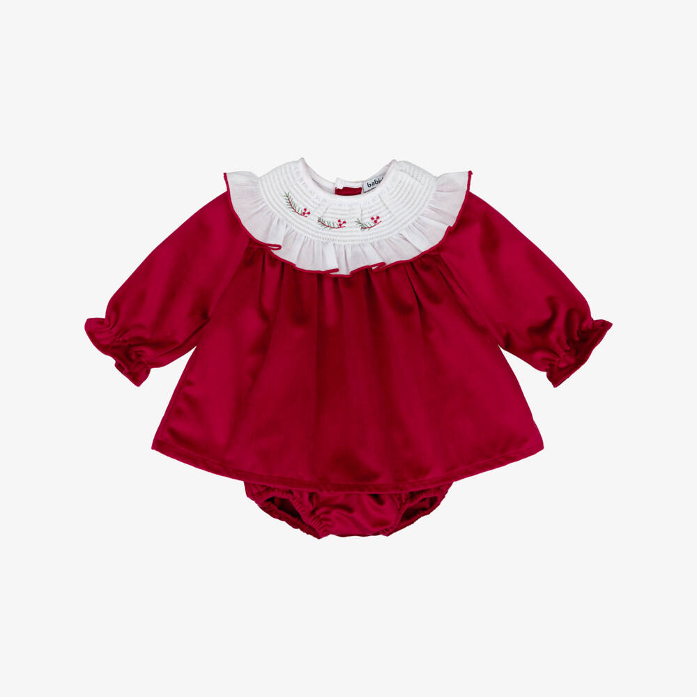 Babidu-Baby Girls Red Velvet Dress with White Ruffle Collar | Childrensalon