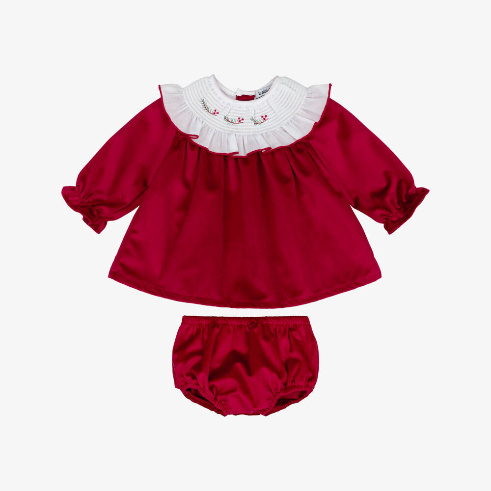 Babidu-Baby Girls Red Velvet Dress with White Ruffle Collar | Childrensalon