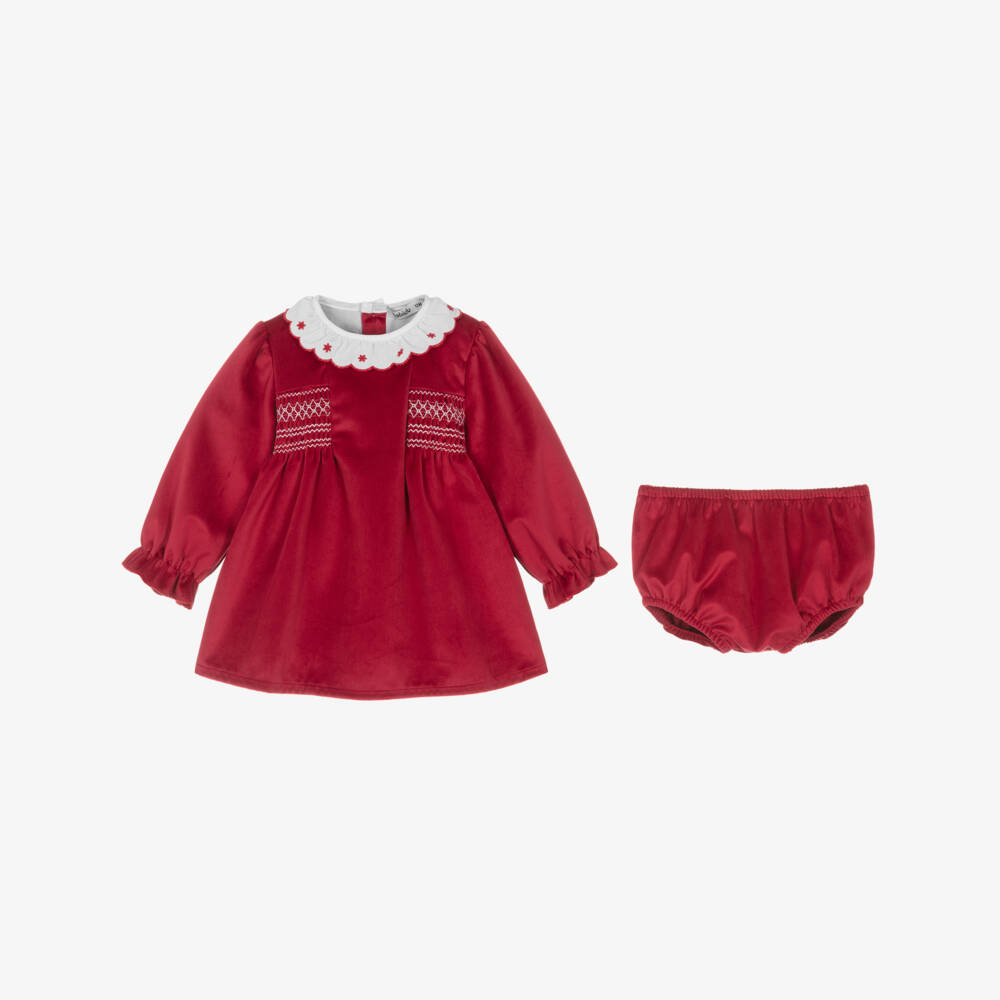 Babidu-Baby Girls Red Velvet Smocked Dress | Childrensalon