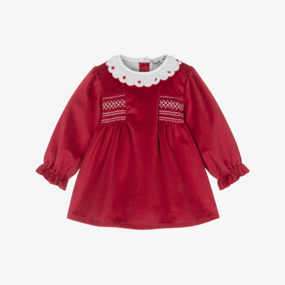 Babidu-Baby Girls Red Velvet Smocked Dress | Childrensalon