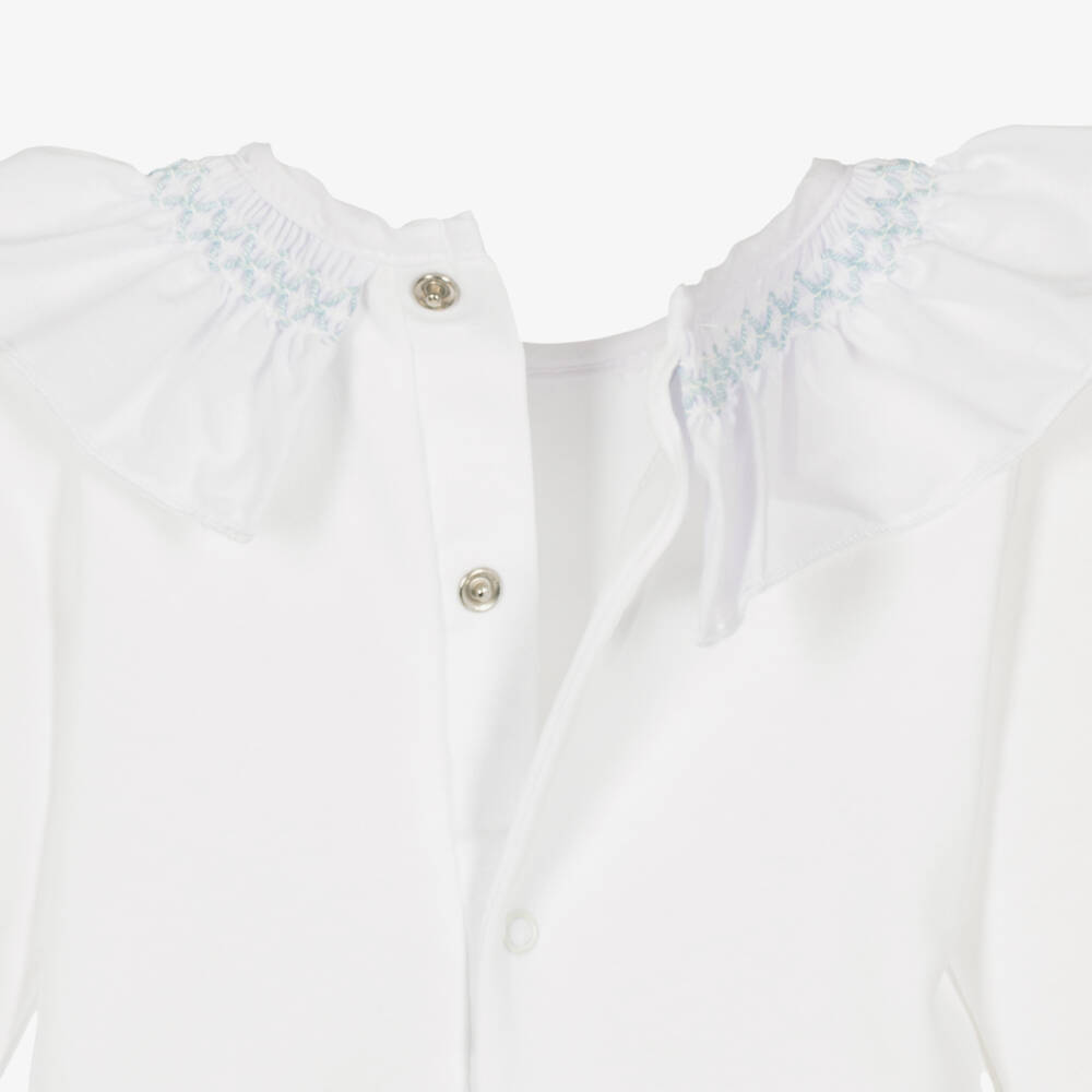 Babidu-Baby Girls White Cotton Bodysuit with Blue Smocked Collar | Childrensalon