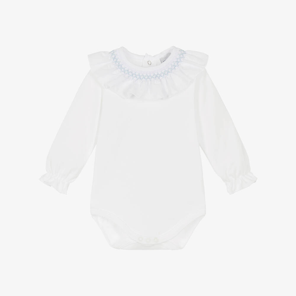Babidu-Baby Girls White Cotton Bodysuit with Blue Smocked Collar | Childrensalon