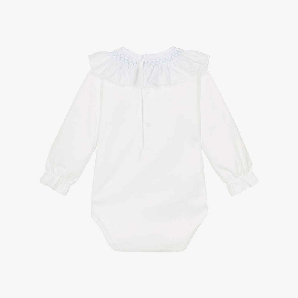 Babidu-Baby Girls White Cotton Bodysuit with Blue Smocked Collar | Childrensalon