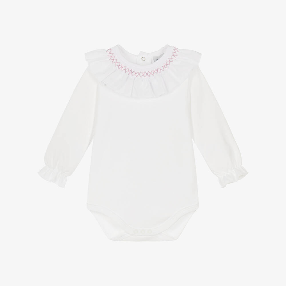 Babidu-Baby Girls White Cotton Bodysuit with Pink Smocked Collar | Childrensalon