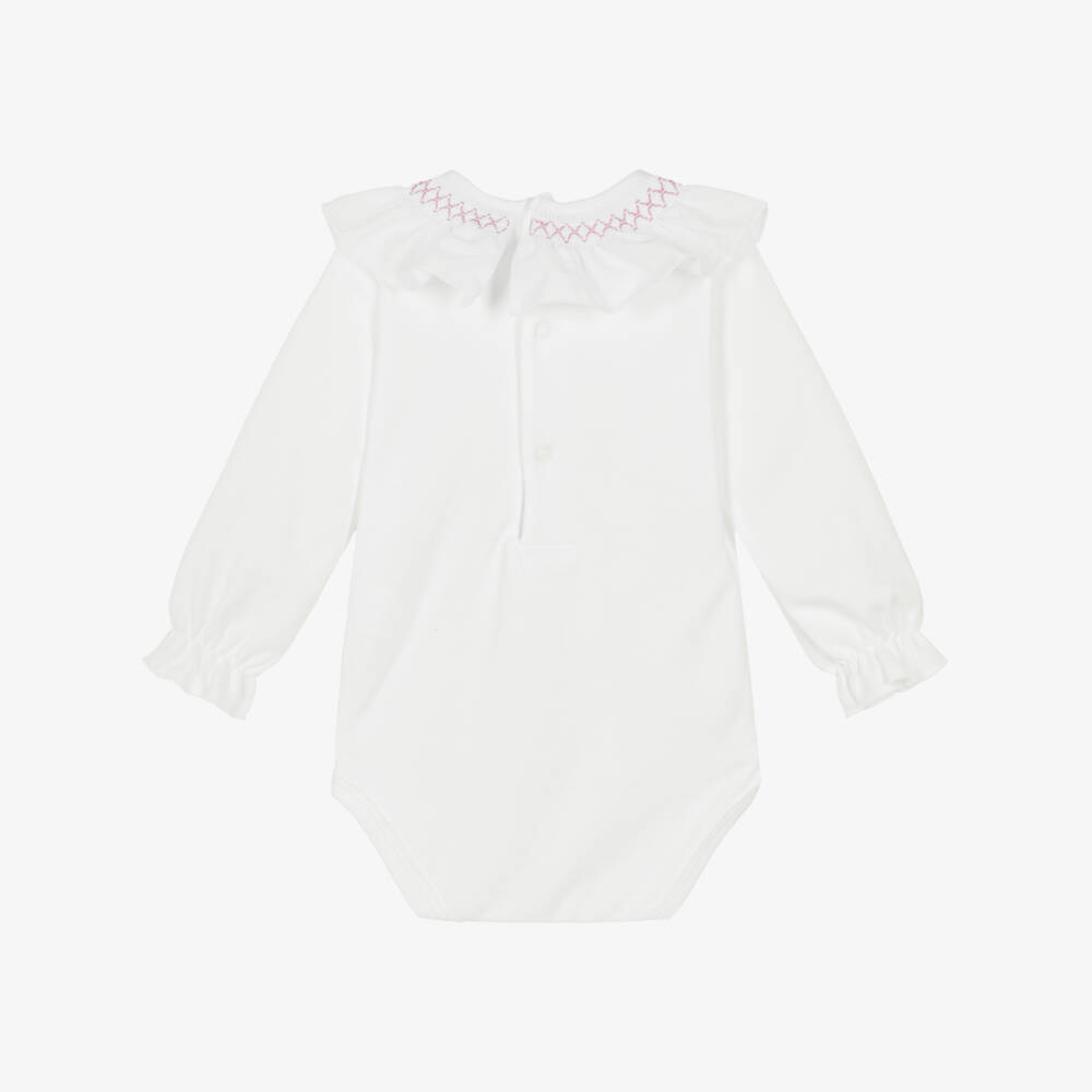 Babidu-Baby Girls White Cotton Bodysuit with Pink Smocked Collar | Childrensalon