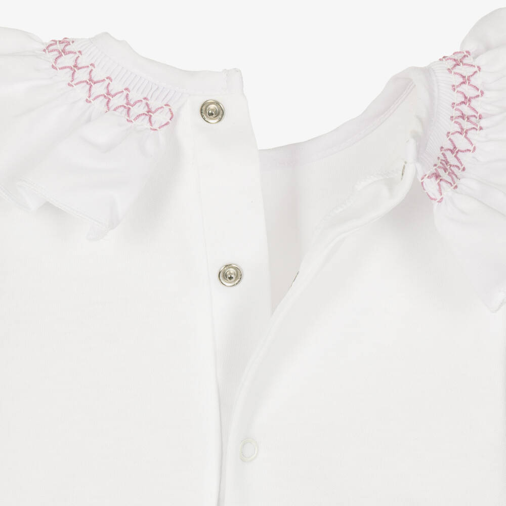 Babidu-Baby Girls White Cotton Bodysuit with Pink Smocked Collar | Childrensalon