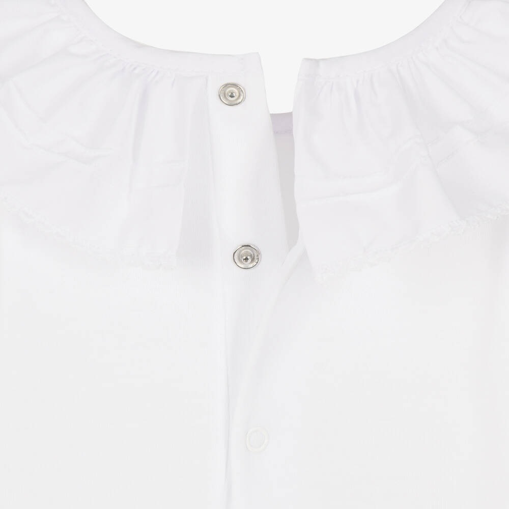 Babidu-Baby Girls White Cotton Bodysuit with Ruffle Collar | Childrensalon