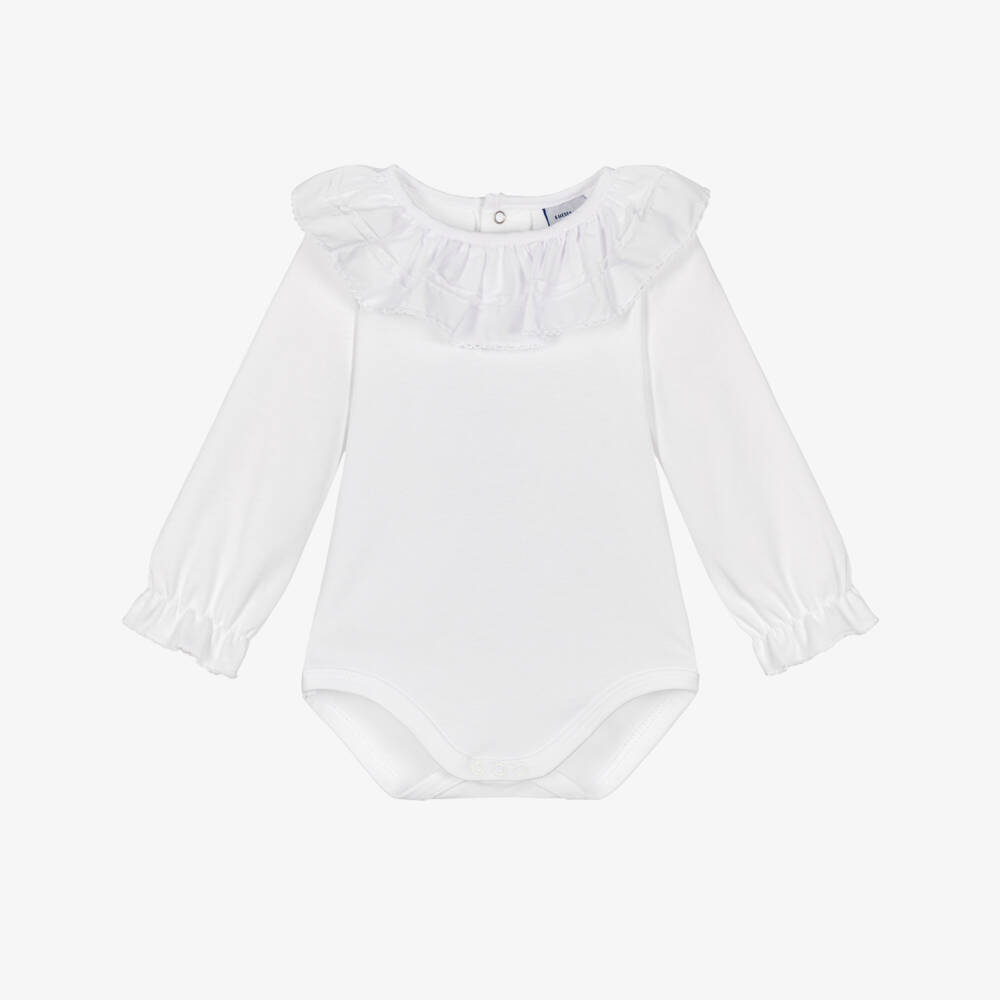 Babidu-Baby Girls White Cotton Bodysuit with Ruffle Collar | Childrensalon