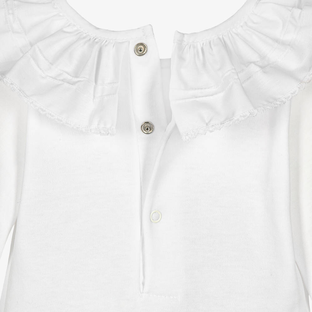 Babidu-Baby Girls White Cotton Bodysuit with Ruffle Collar | Childrensalon