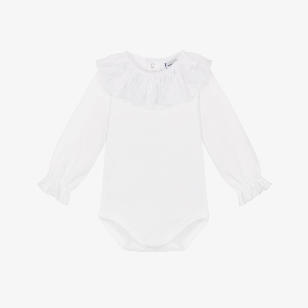Babidu-Baby Girls White Cotton Bodysuit with Ruffle Collar | Childrensalon