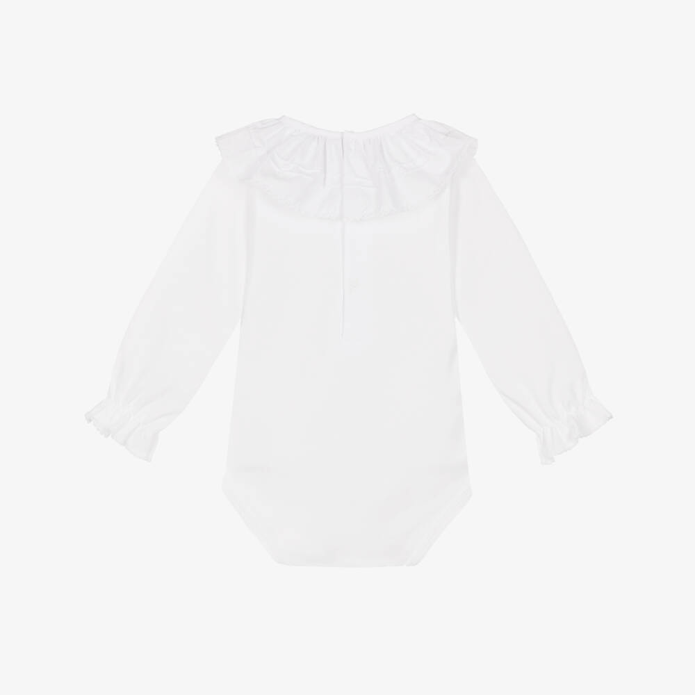 Babidu-Baby Girls White Cotton Bodysuit with Ruffle Collar | Childrensalon