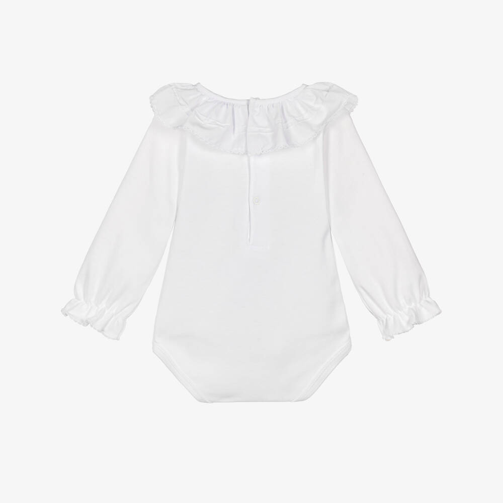 Babidu-Baby Girls White Cotton Bodysuit with Ruffle Collar | Childrensalon