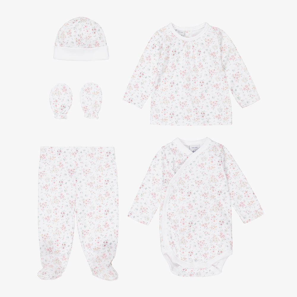 Babidu-Baby Girls White Cotton Floral Babysuit Set | Childrensalon
