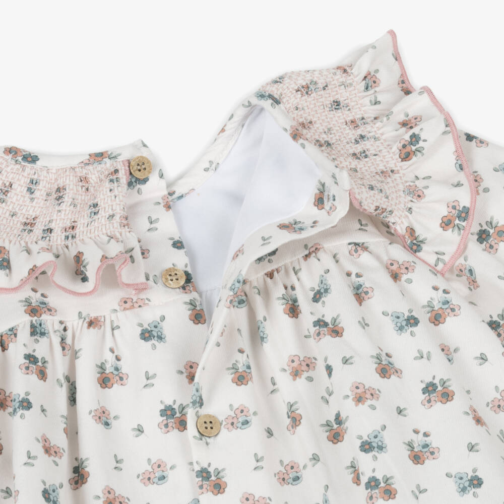 Babidu-Платье белое из хлопка в цветочек с присборенной вышивкой для малышек | Childrensalon