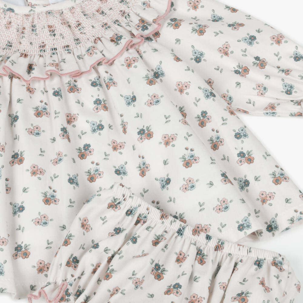 Babidu-Платье белое из хлопка в цветочек с присборенной вышивкой для малышек | Childrensalon