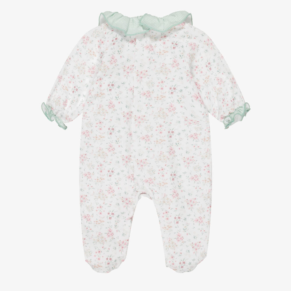 Babidu-Baby Girls White Cotton Jersey Floral Print Babygrow | Childrensalon