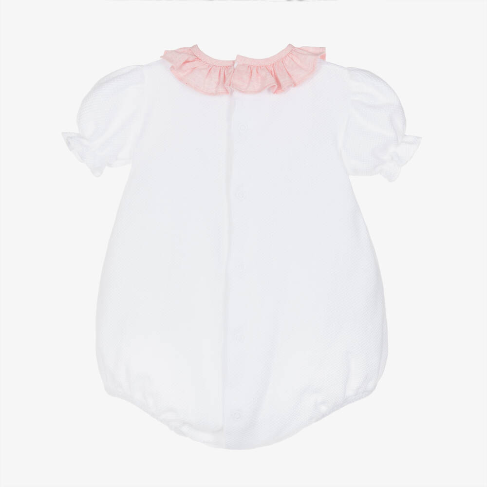 Babidu-Baby Girls White & Pink Smocked Cotton Shortie | Childrensalon