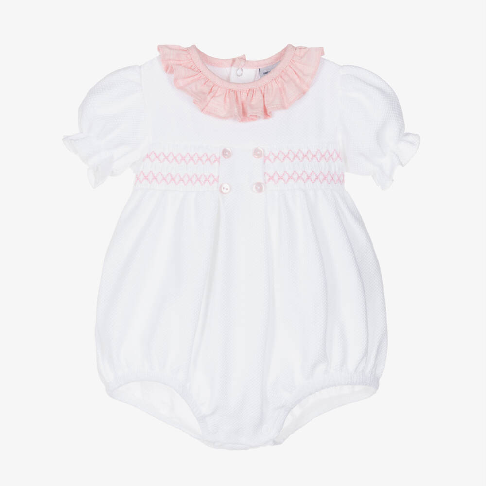 Babidu-Baby Girls White & Pink Smocked Cotton Shortie | Childrensalon