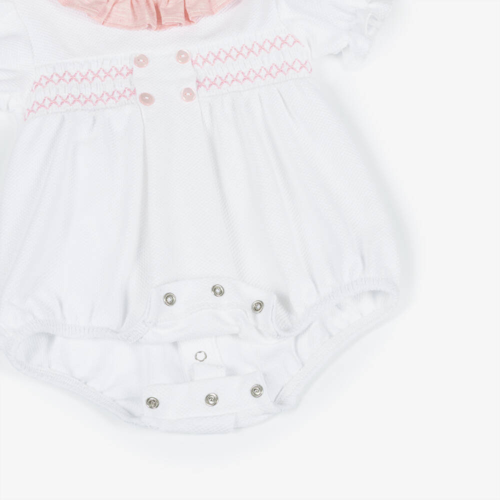 Babidu-Baby Girls White & Pink Smocked Cotton Shortie | Childrensalon