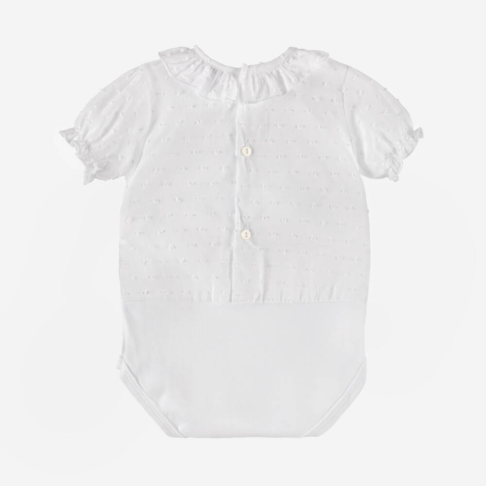 Babidu-Baby Girls White Plumetis Cotton Bodysuit | Childrensalon