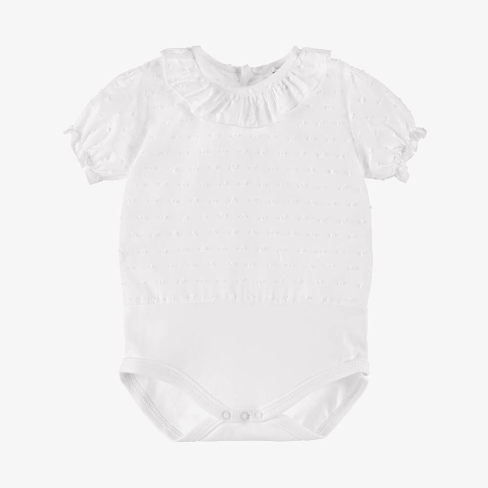 Babidu-Baby Girls White Plumetis Cotton Bodysuit | Childrensalon