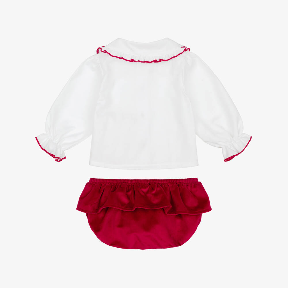 Babidu-Baby Girls White & Red Velvet Shorts Set | Childrensalon