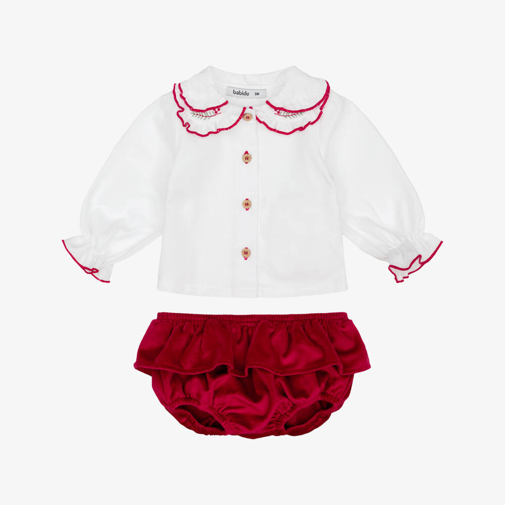 Babidu-Baby Girls White & Red Velvet Shorts Set | Childrensalon