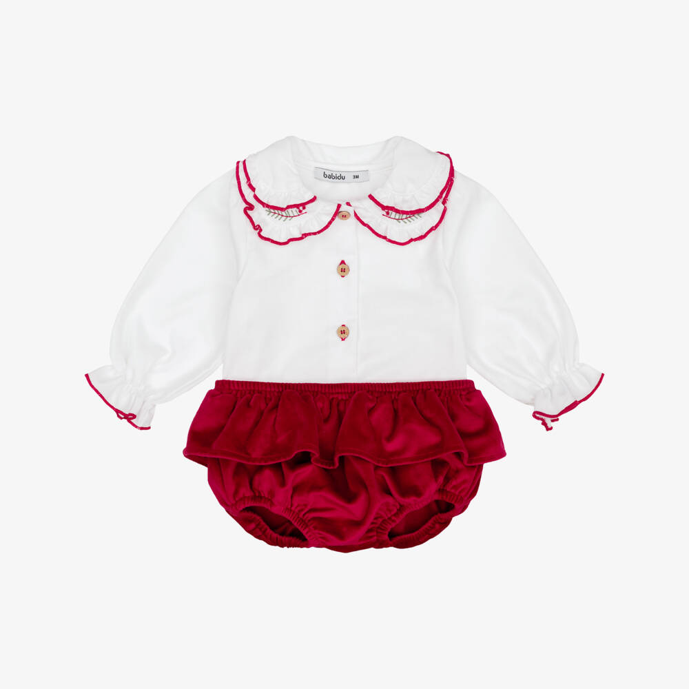 Babidu-Baby Girls White & Red Velvet Shorts Set | Childrensalon