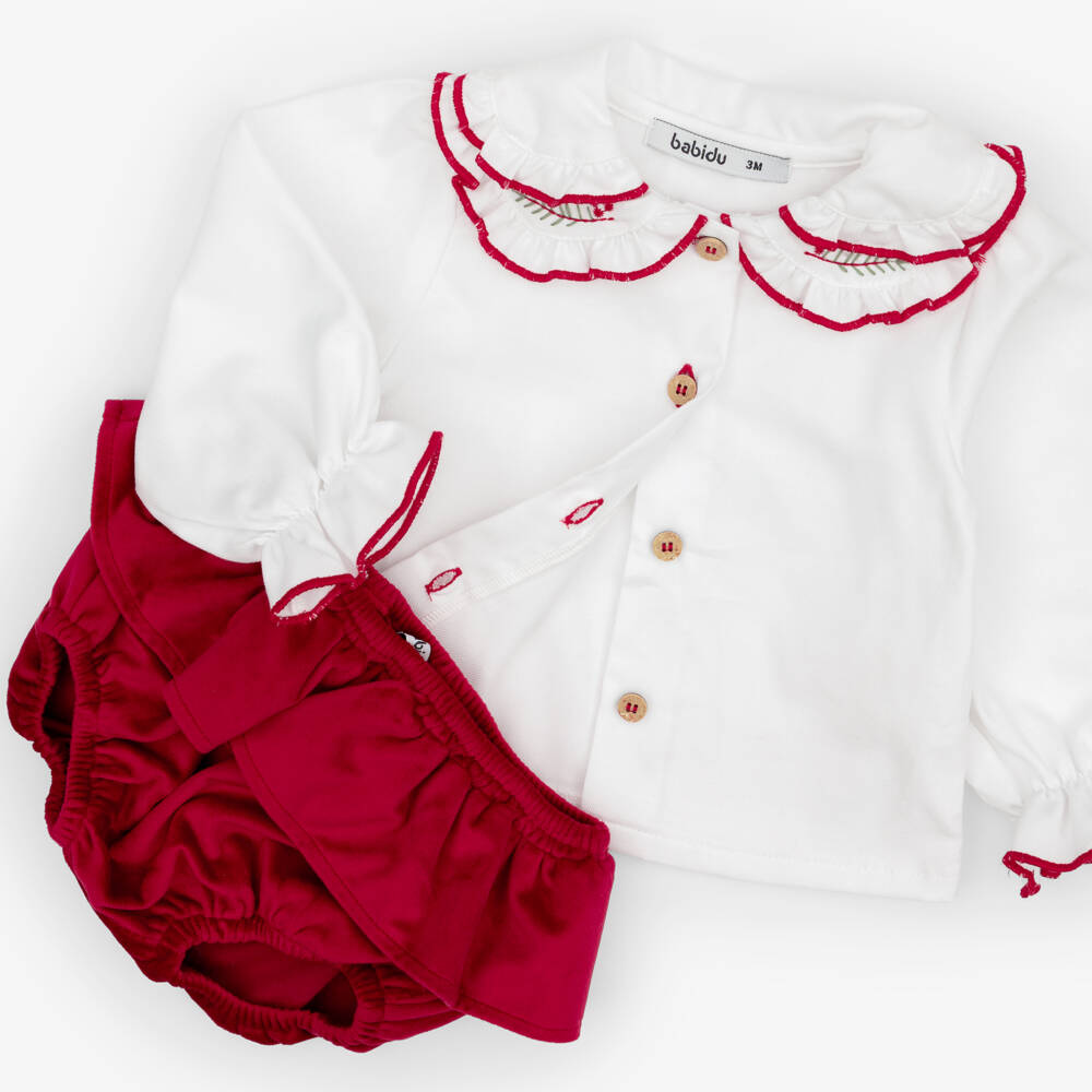Babidu-Baby Girls White & Red Velvet Shorts Set | Childrensalon