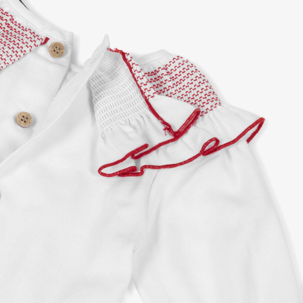 Babidu-Baby Girls White Smocked Blouse & Red Velvet Shorts Set | Childrensalon