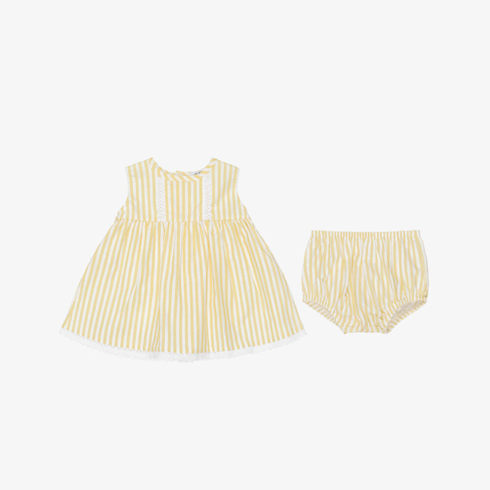 Babidu-Baby Girls Yellow & White Striped Cotton Dress | Childrensalon