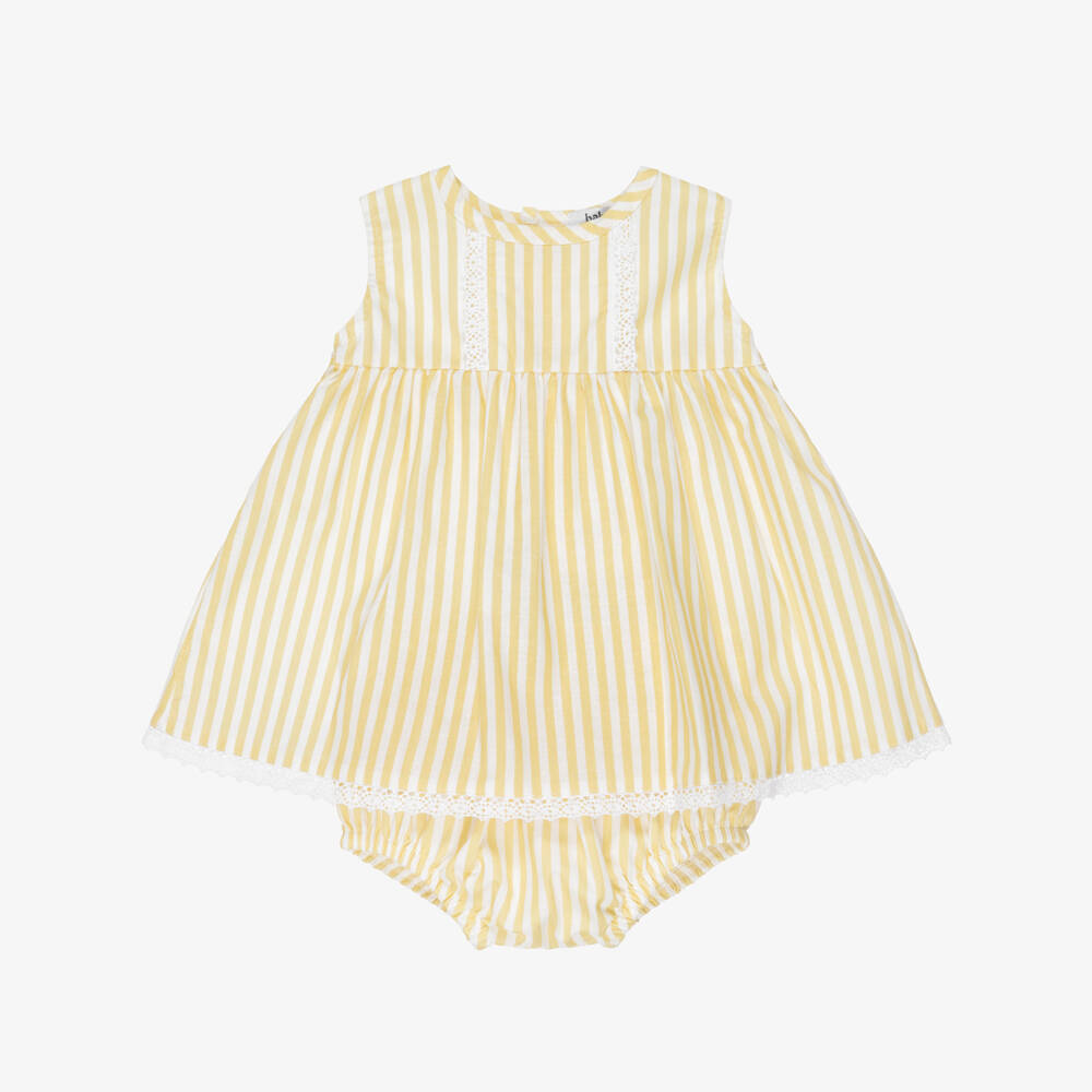 Babidu-Baby Girls Yellow & White Striped Cotton Dress | Childrensalon