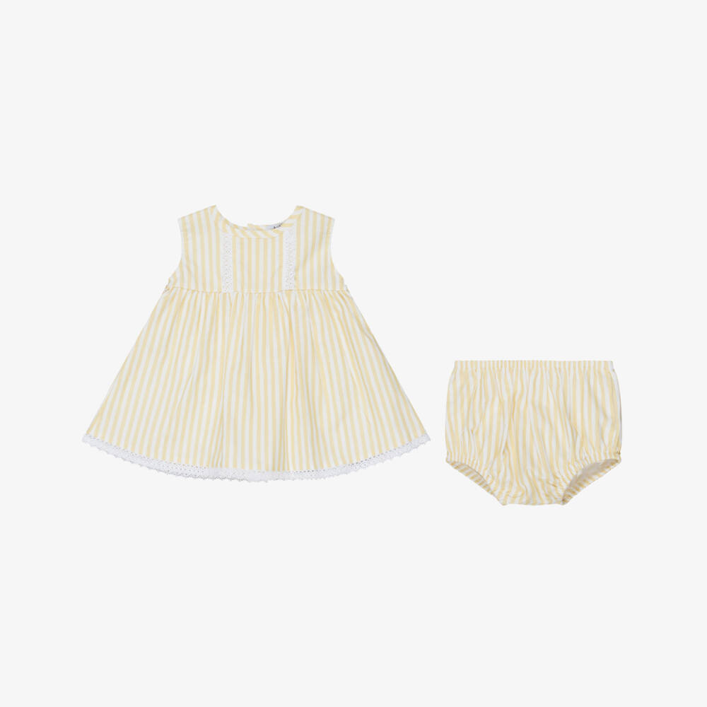 Babidu-Baby Girls Yellow & White Striped Cotton Dress | Childrensalon