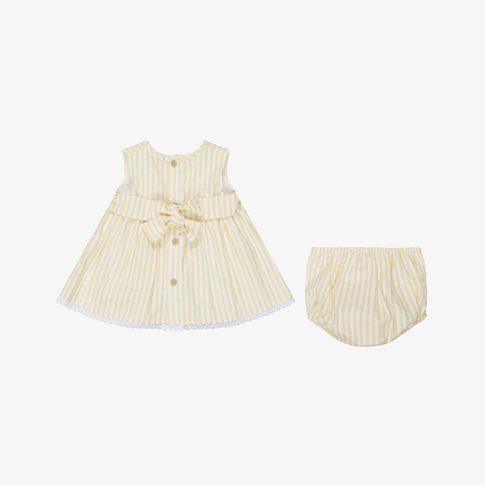 Babidu-Baby Girls Yellow & White Striped Cotton Dress | Childrensalon
