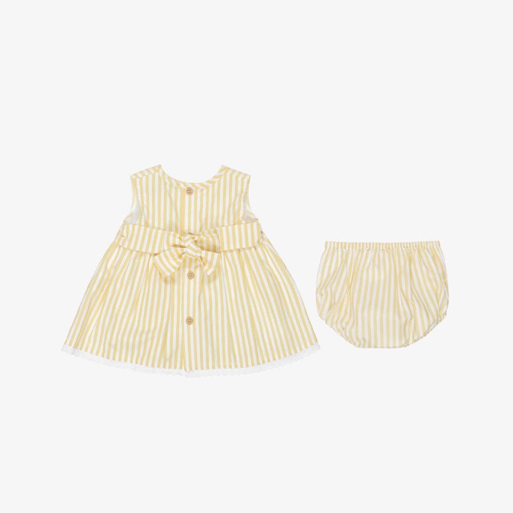 Babidu-Baby Girls Yellow & White Striped Cotton Dress | Childrensalon