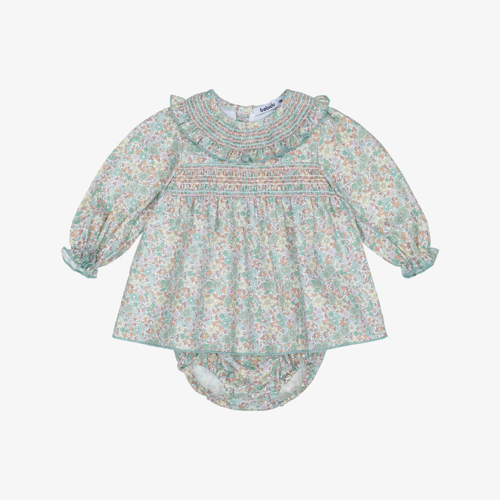 Babidu-Baby Teal Girls Green Floral Smocked Dress | Childrensalon