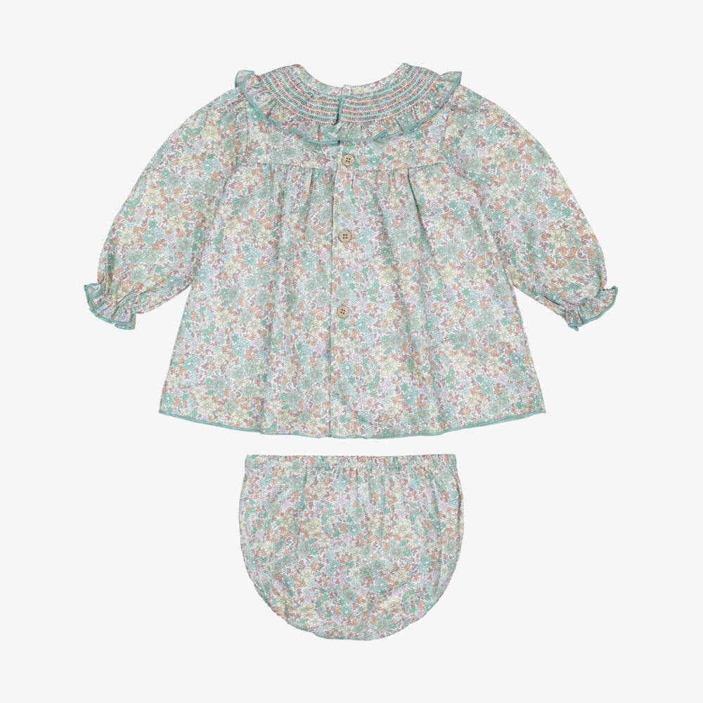 Babidu-Baby Teal Girls Green Floral Smocked Dress | Childrensalon