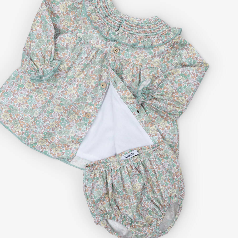 Babidu-Baby Teal Girls Green Floral Smocked Dress | Childrensalon