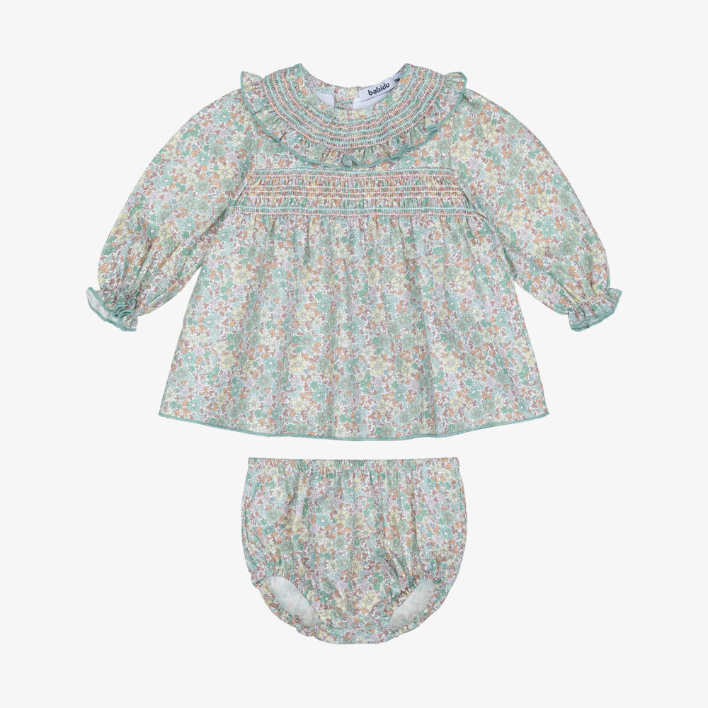 Babidu-Baby Teal Girls Green Floral Smocked Dress | Childrensalon