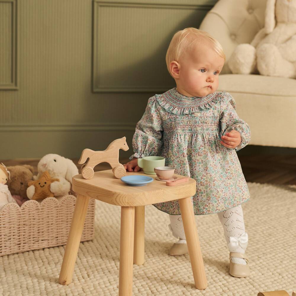 Babidu-Baby Teal Girls Green Floral Smocked Dress | Childrensalon