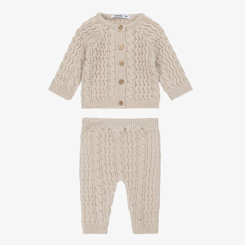 Babidu-Beige Cable Knit Baby Trouser Set | Childrensalon