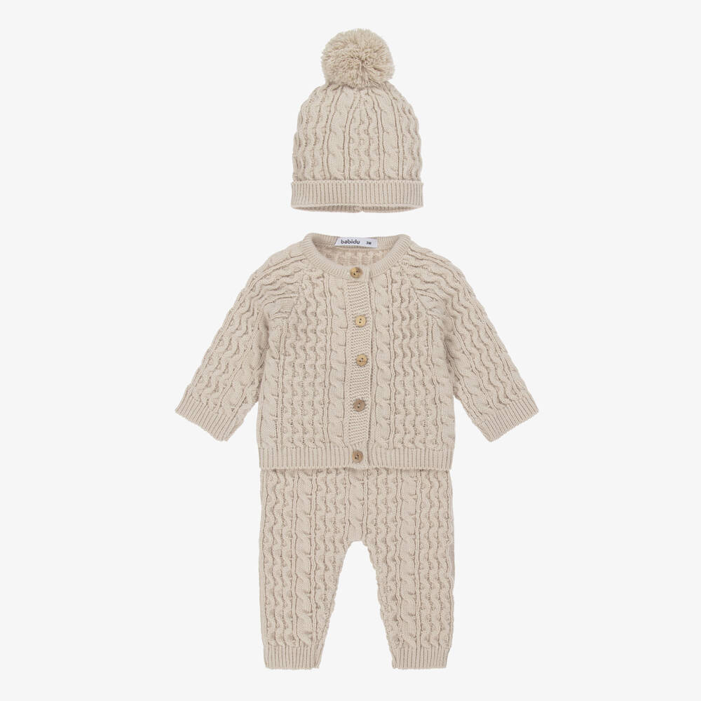 Babidu-Beige Cable Knit Baby Trouser Set | Childrensalon