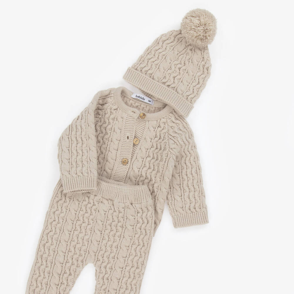 Babidu-Beige Cable Knit Baby Trouser Set | Childrensalon