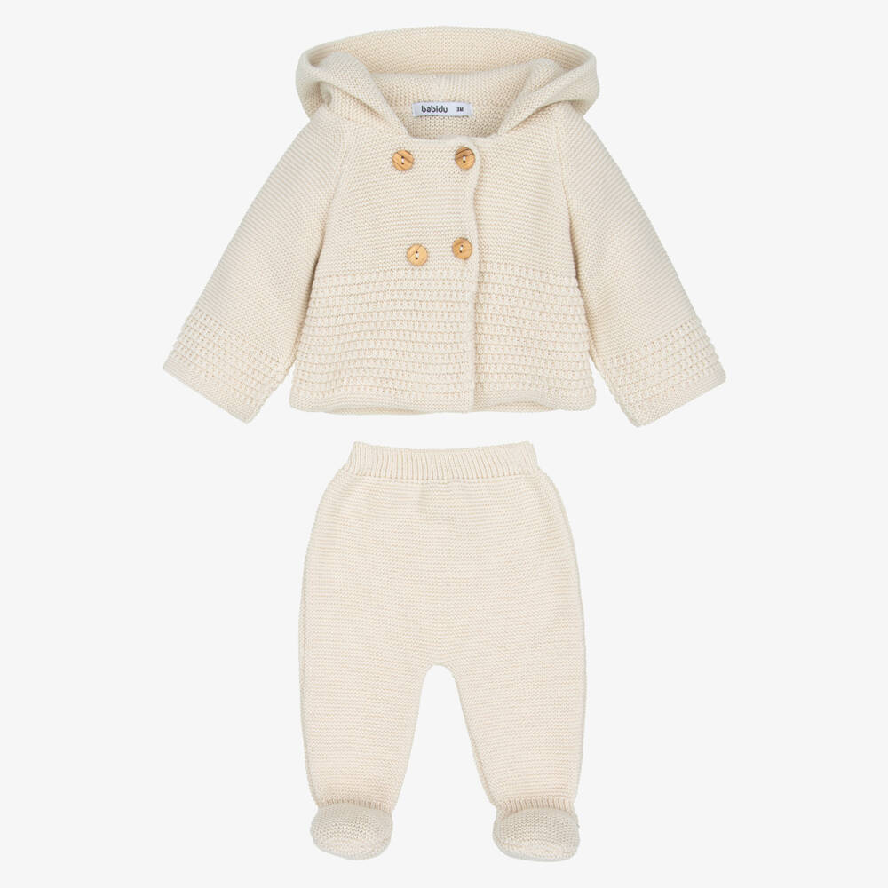 Babidu-Beige Knitted Pram Coat & Bottoms Set | Childrensalon