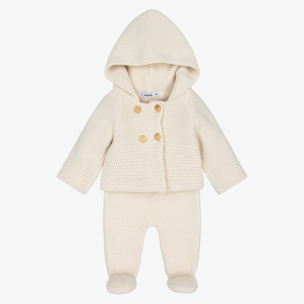 Babidu-Beige Knitted Pram Coat & Bottoms Set | Childrensalon
