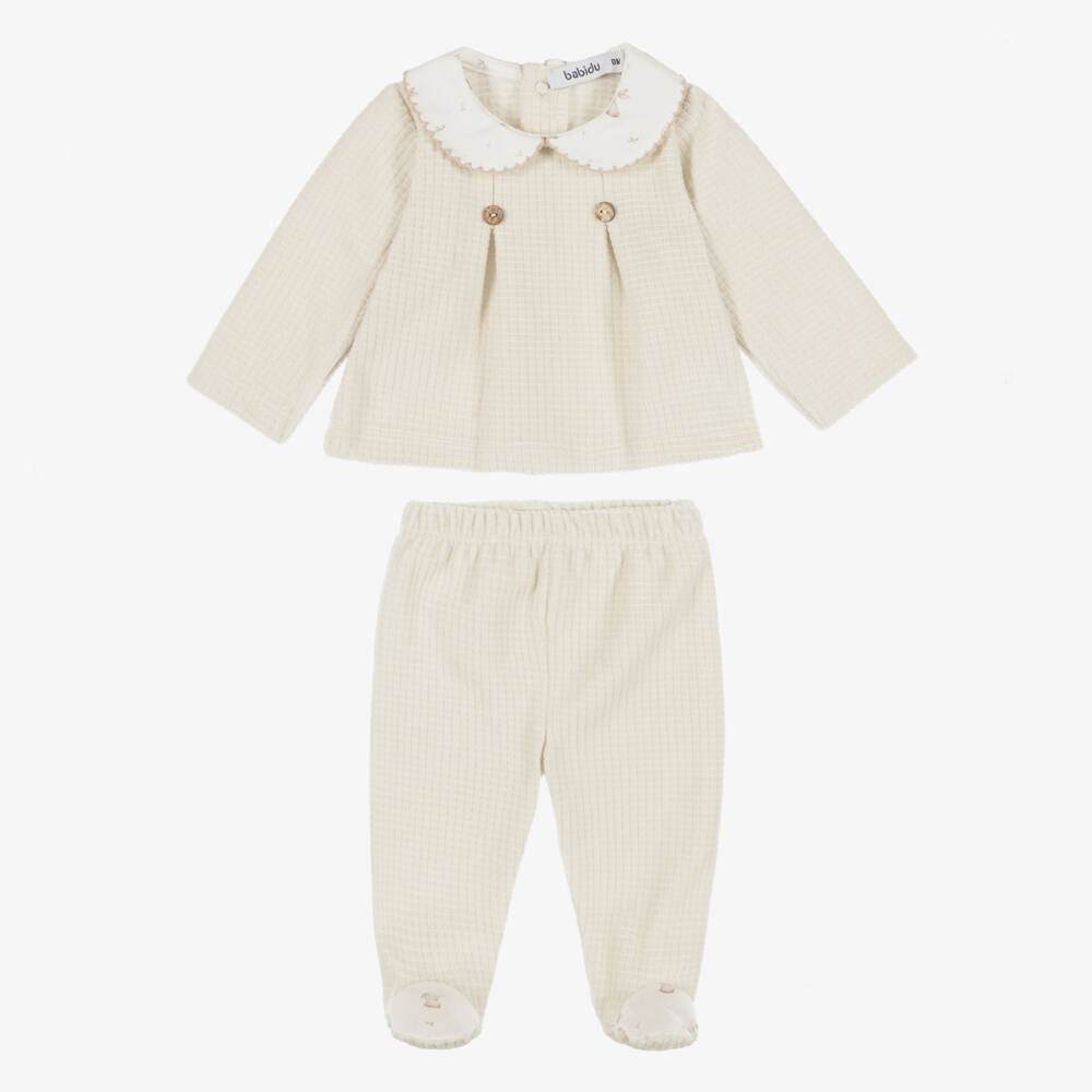 Babidu-Beige Velour 2 Piece Babygrow with Bunny Print | Childrensalon